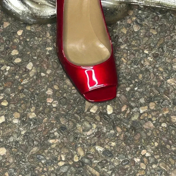 Stuart Weitzman Linda Metallic Red Quasar Patent Leather Peep Toe Stilettos - Picture 9 of 10